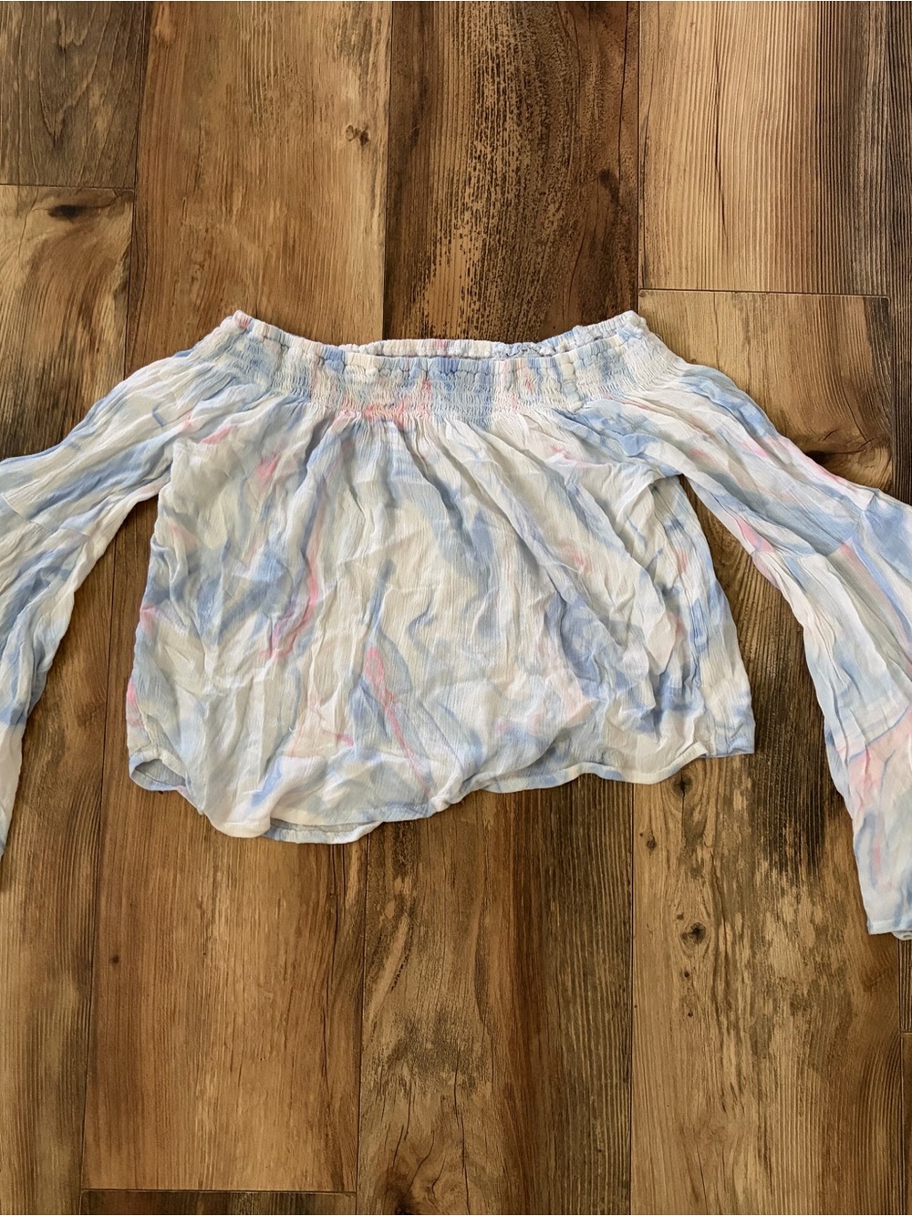 Hollister Pastel Blue and Pink Off-Shoulder Blouse